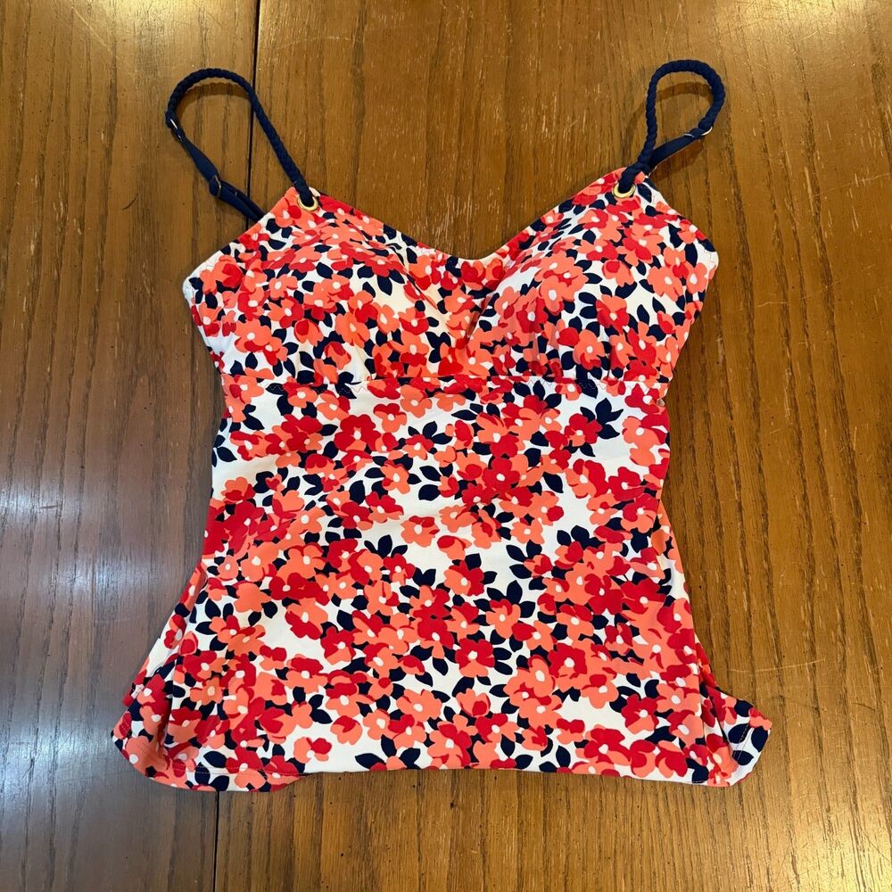Lands' End Girls Size 6 Tankini Swim Top Floral Pink Orange Navy Adjustable